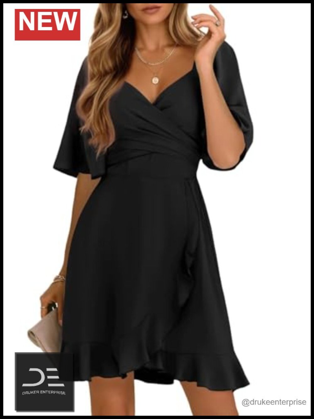 Women Wrap V Neck Short Flared Sleeve Smocked Waist Tiered Ruffle Hem Mini Dress